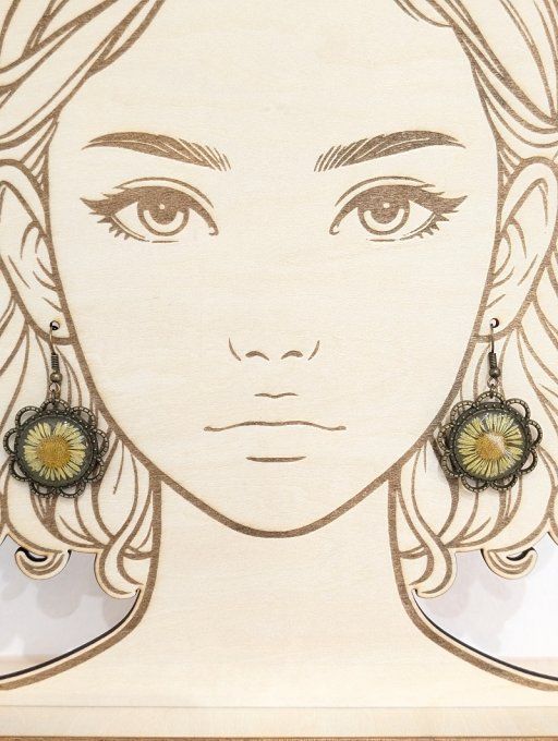 Boucles d'oreilles vintage forme fleur vraie fleur d'érigéron Dune