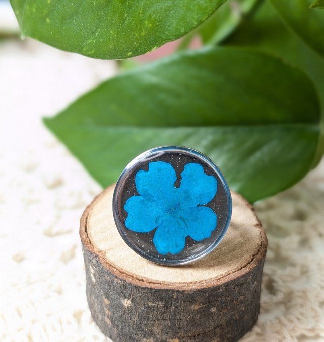 Bague en acier inoxydable vraie fleur de verveine turquoise Célia