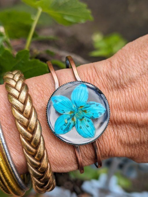Jonc articulé cuivre véritable fleur de parnassie Azur