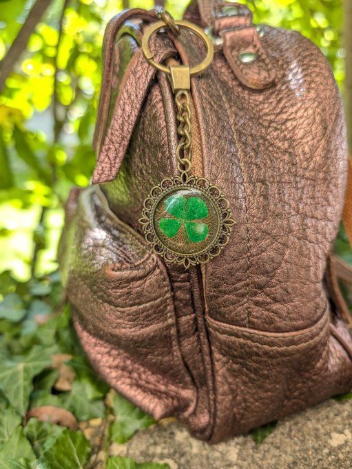 Porte-clés bijoux de sac véritable trèfle 4 feuilles